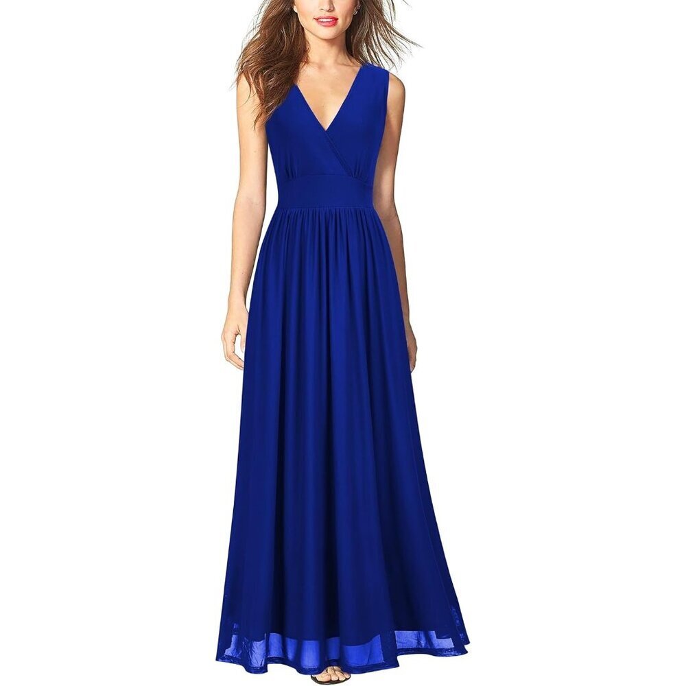 Women's Royal Blue Sleeveless Deep V Neck Mesh Plain Long Maxi Casual Dress
